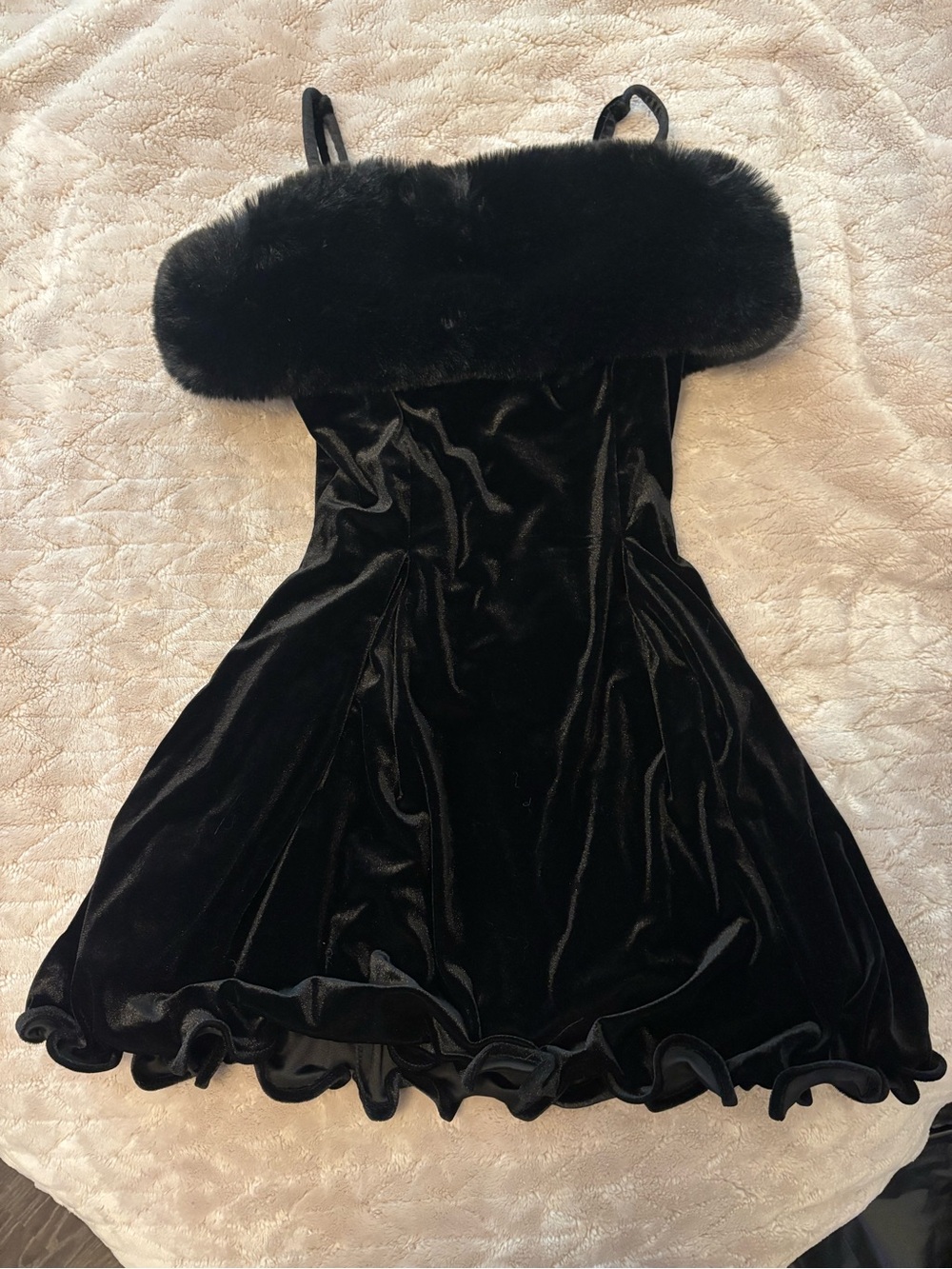 Black Velvet Mini Dress with Faux Fur Trim